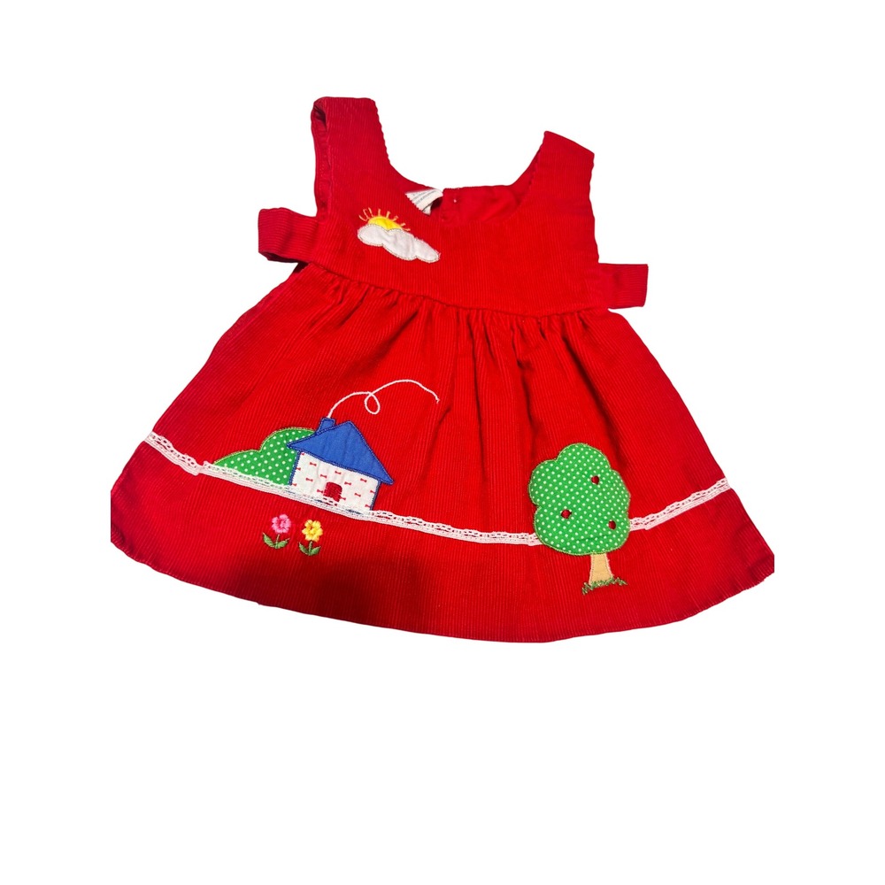 Vintage Baby girls Red Corduroy Cottagecore House Applique Jumper Dress 12 Mos